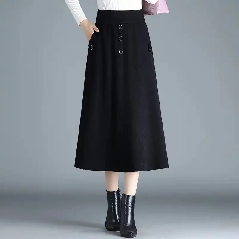 Thickened Stretchy A-line Skirt Mid-length Women's Plus Size Waist Slimming Skirt Design Knitted Winter Wool Skirt