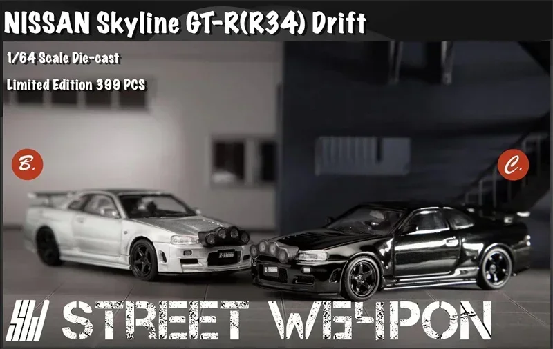 

SW 1:64 Skyline GT-R R34 Drif серебристый/черный Ограниченный 399 литая модель автомобиля