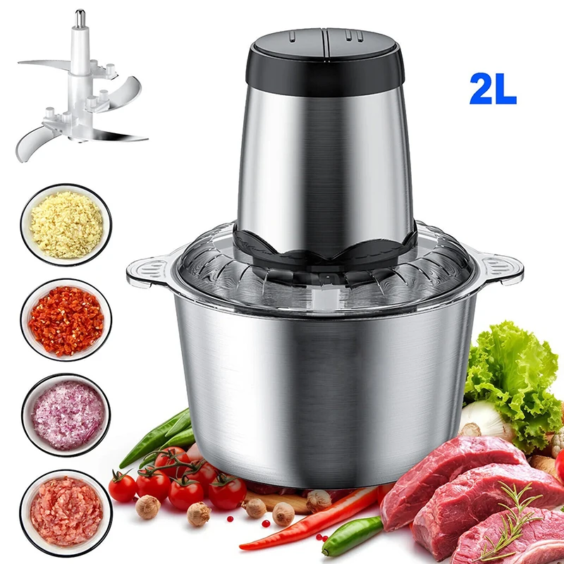 Electric Meat Grinder 2L Large Household Capacity Stainless Steel 2 Gears 300W High Power Kitchen Cooker Blender