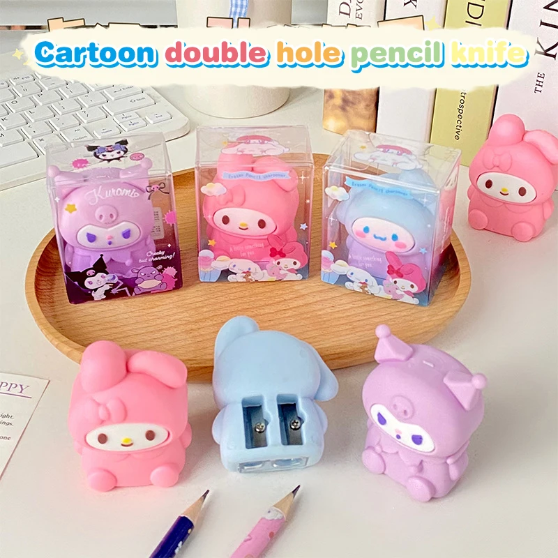 Sanrio Double Hole Pencil Sharpener Hello Kitty Kuromi Pencil Sharpener W/Sharpener Eraser Cinnamoroll Stationery Kid Gift