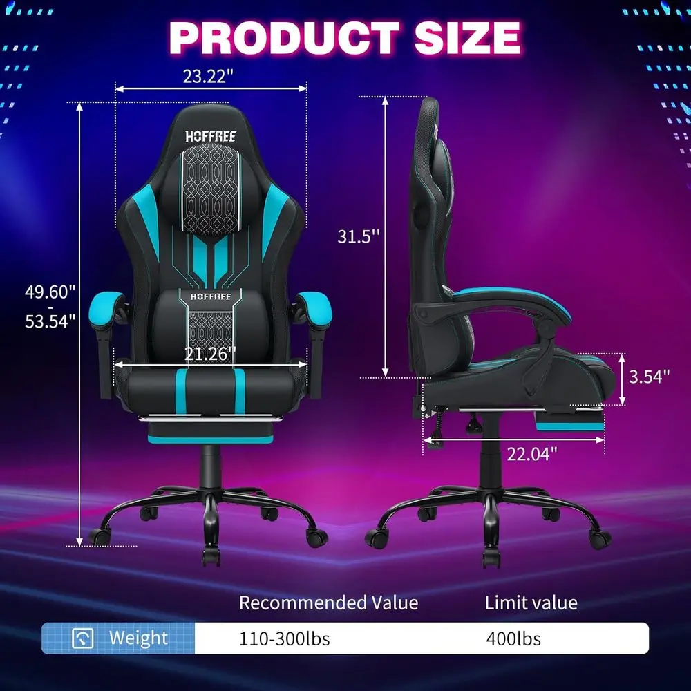 Gaming Chair with LED Lights Speakers Massage Big Tall Computer Chair-Blue | RGB Game Chair with Bluetooth;Widened Seatting;High view 2