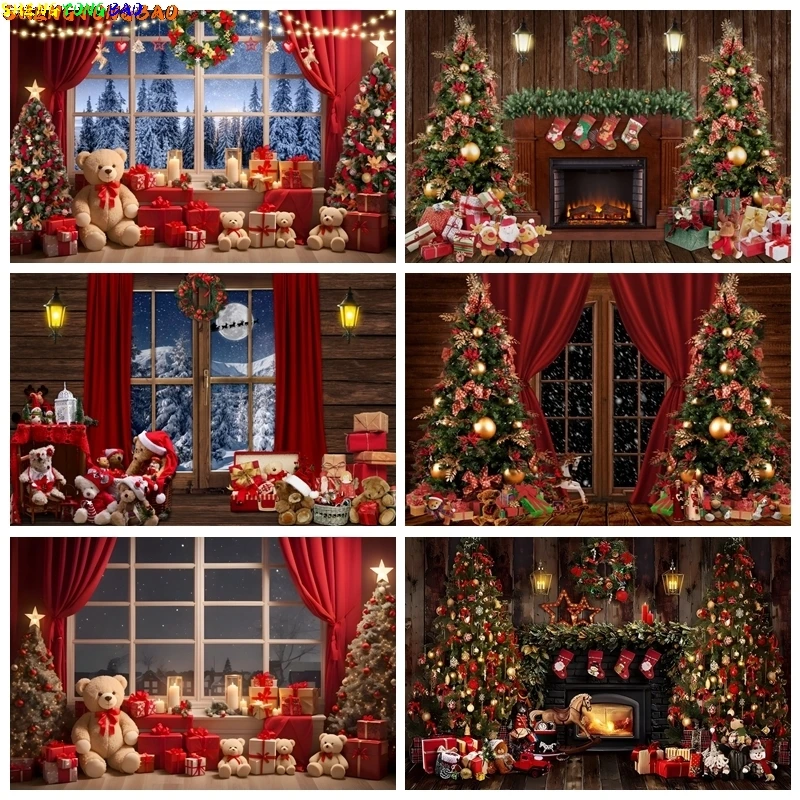 Merry Christmas Photography Background Window Red Curtain Fireplace Xmas Tree Gift Teddy Bear Wood Floor Baby Portrait Backdrop