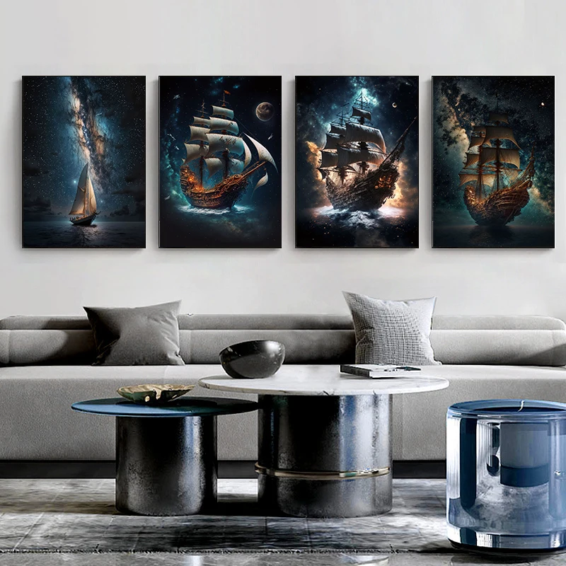 Surrealism Space Boat Posters Landscape Canvas Prints Wall Art Pirate Ship Canvas Painting Boats Poster Mural Decoration Picture