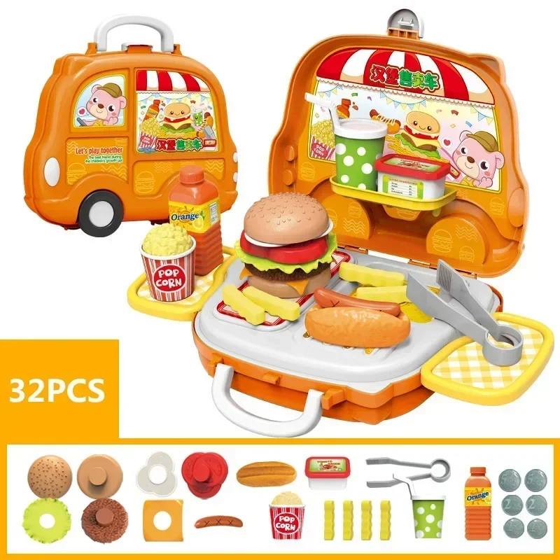 [Divertido] juguete para jugar a las casitas, 32 unids/set, tienda de Hamburgo, coche de juguete, puede agitar comida, cocina, chef de imitación, juguete de cocina, regalo para niños