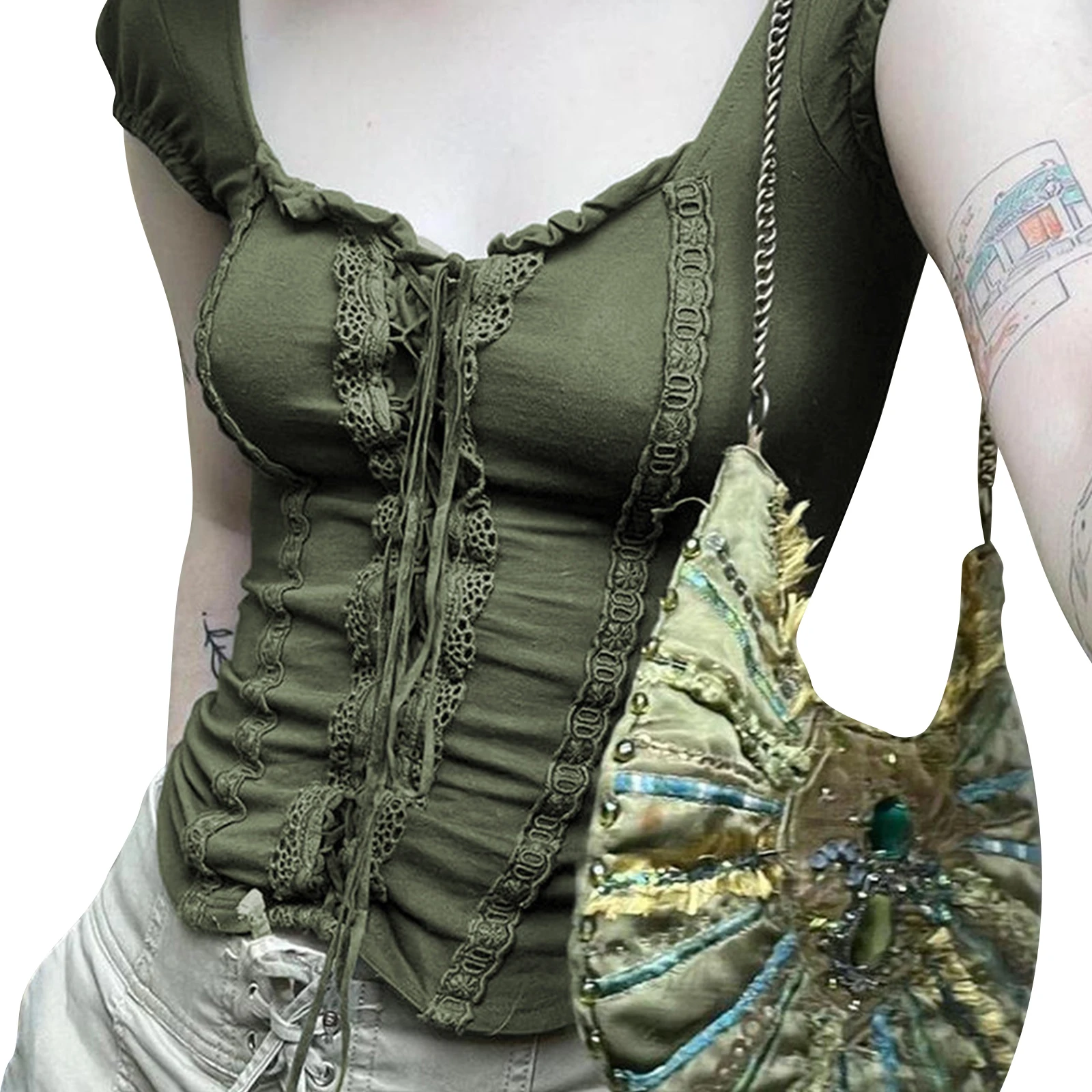 Top corto a maniche corte da donna di nuova moda T-shirt basic slim fit estiva con finiture in pizzo retrò per streetwear da festa