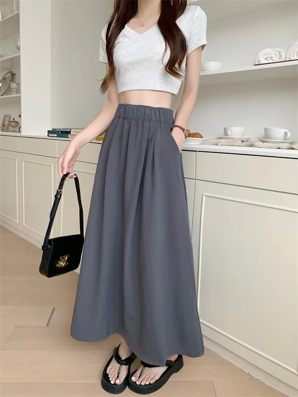 Women's Plus Size Summer Thin Pleated Texture Casual Comfort Commuter Style Dark Gray A-line Half Skirt Mid-length 4