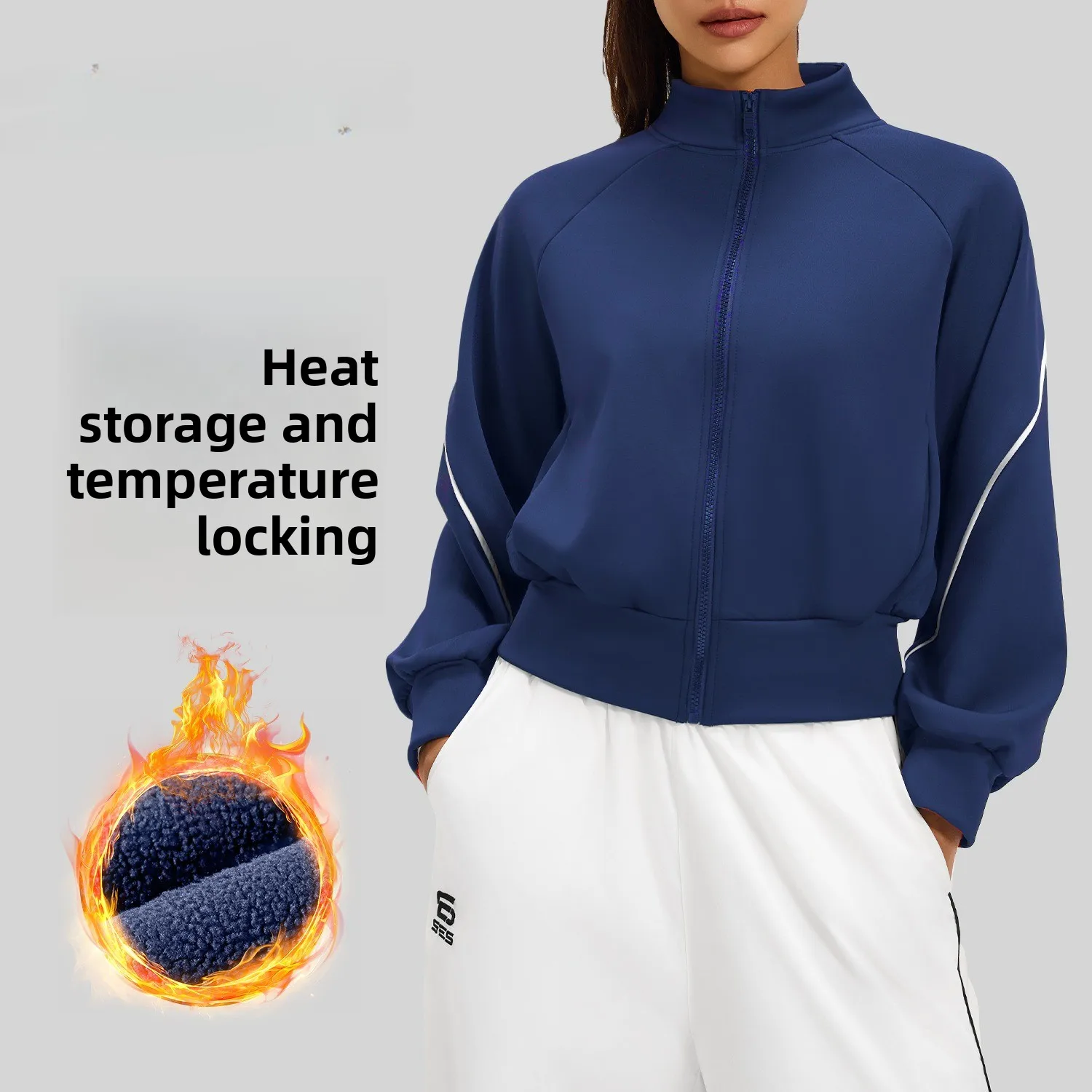 Autumn And Winter Contrasting Color Strips, Velvet Yoga Clothes, Stand-up Collar, Warm And Slim Sports Jacket For Women