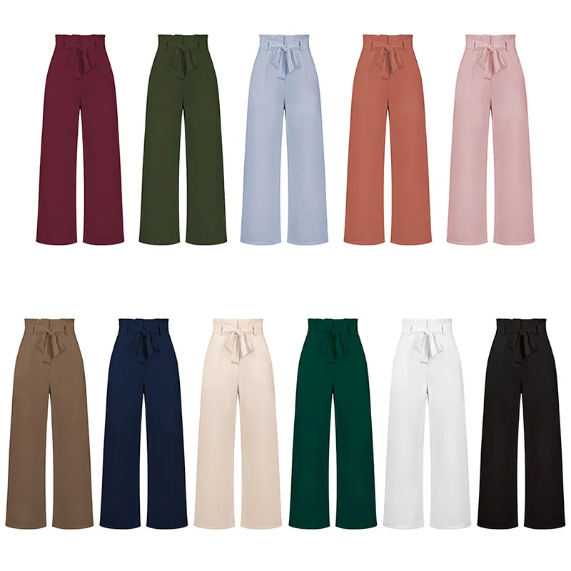 Fashion Lady\'s Office Dress Pant High Waist Straight Pant Casual Long Wide Leg Trousers Women\'s Summer Cool Ice Crepe Belt Pants