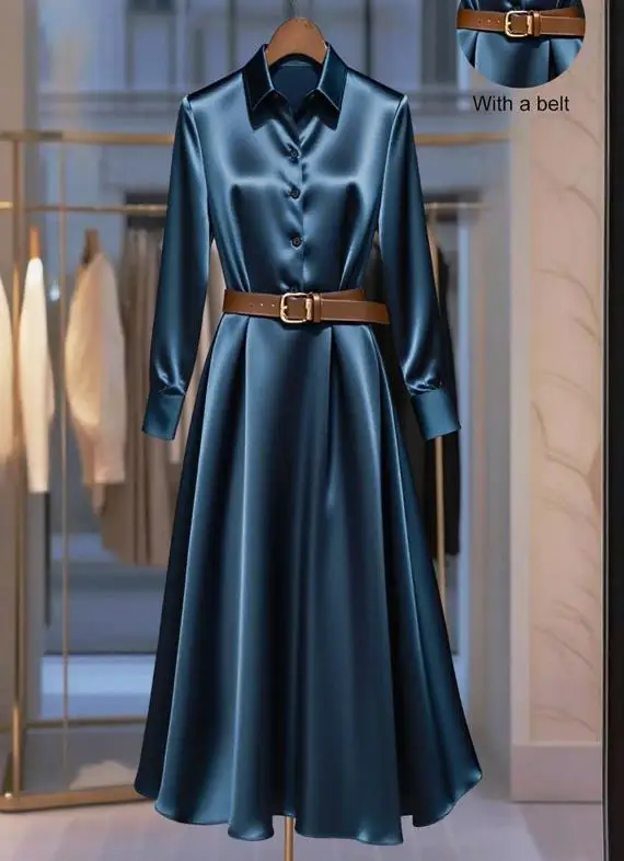 

Autumn Solid Color A-Line Skirt Temperament Long Sleeved Dress Women's Lapel Slim Fit Single Breasted Temperament Satin Dress