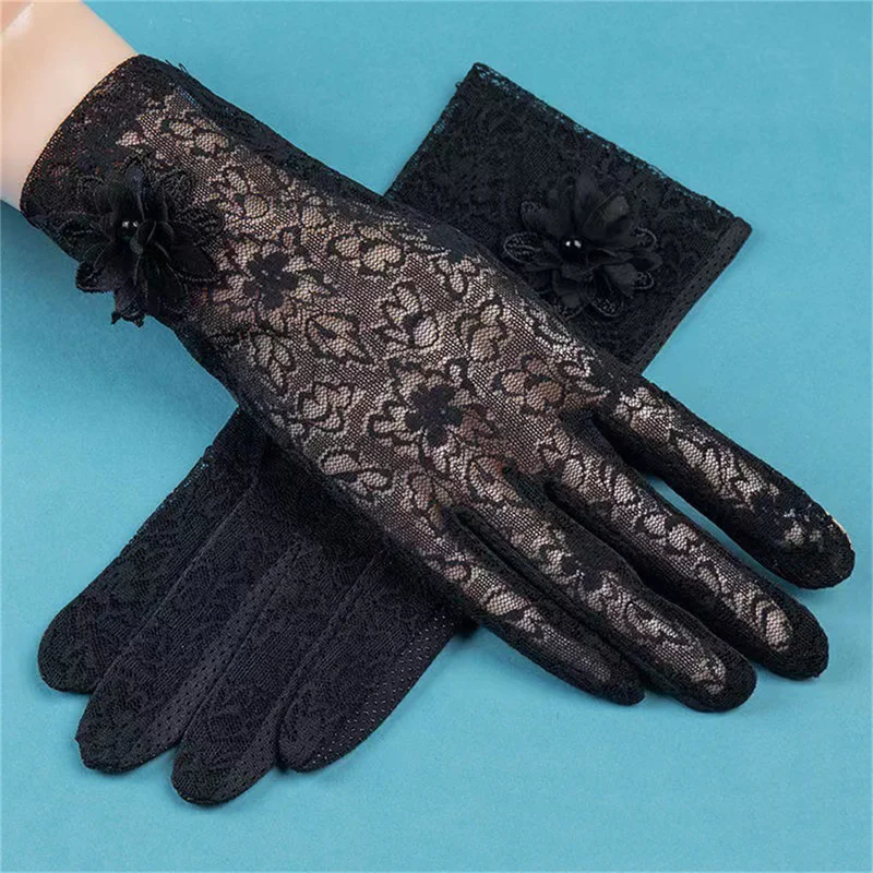 Women Summer Sexy Hollow Lace Flower Elegant Breathable Sunscreen Anti-UV Drive Cycling Touch Screen Gloves Short Pearl