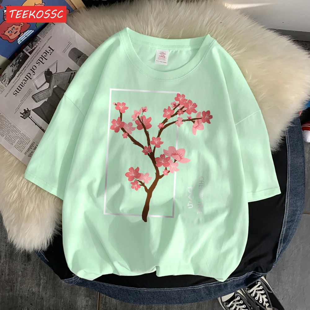 

Футболка мужская с принтом вишневого дерева, свободная рубашка в стиле ретро, с открытыми плечами, с оригинальным принтом нормкор, с коротким рукавом