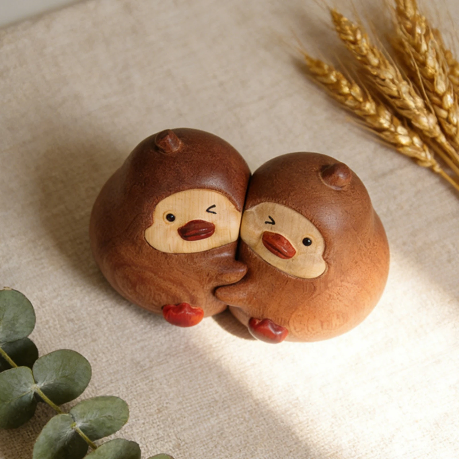 Interlocked Duck Sculpture Natural Wood Wooden Duck Ornament Statue Artisanal Decor Sturdy for Desk, Shelf