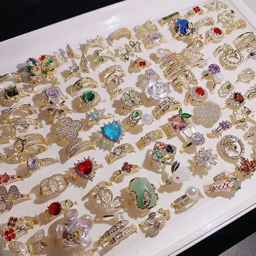 Wholesale20/50Pcs/Lot Inlaid Zircon Butterfly Flower Copper Alloy Women's Ring Korean Version Elegant Finger Accessories Jewelry