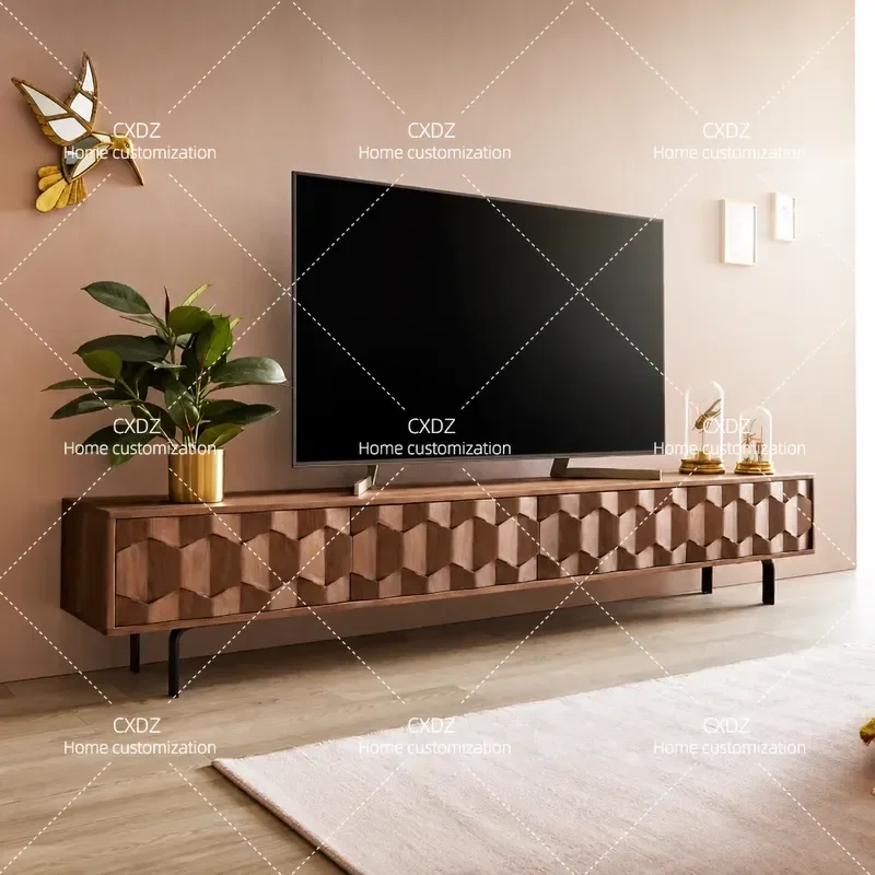 Wabi Sandy Wind Solid Wood TV Cabinet Creative Carving Living Room Low Storage Cabinet Modern Light Luxury Oak Audio Visual