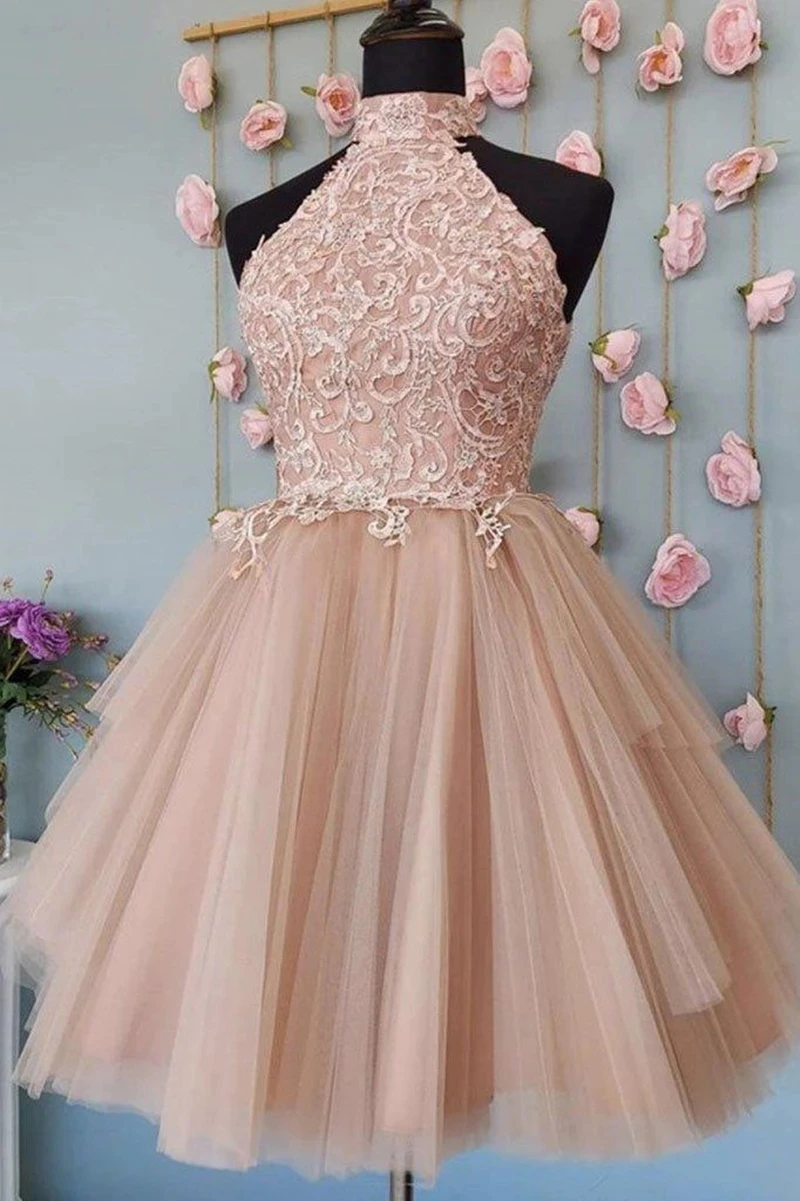 

Sweet Coral Homecoming Dresses A Line Lace Halter Neck Sleeveless Short Party Prom Gowns Graduation Dress Tutu Skirt Soiree