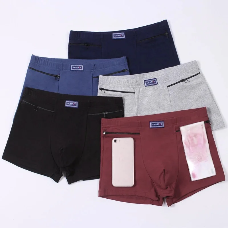 Men's Underwear U Convex Pouch Anti-Theft Zippers Pockets Boxer Briefs Comfortable Panties Cotton Underpants Boxers Male Shorts