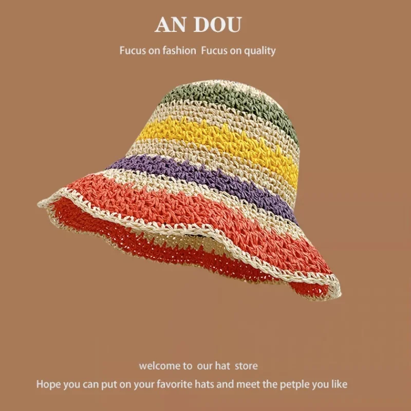 Straw Hat Collection Spring Summer Korean Sweet Big Brim Straw Sun Hats for Women Seaside Sunscreen Bucket Basin Cap Casquette