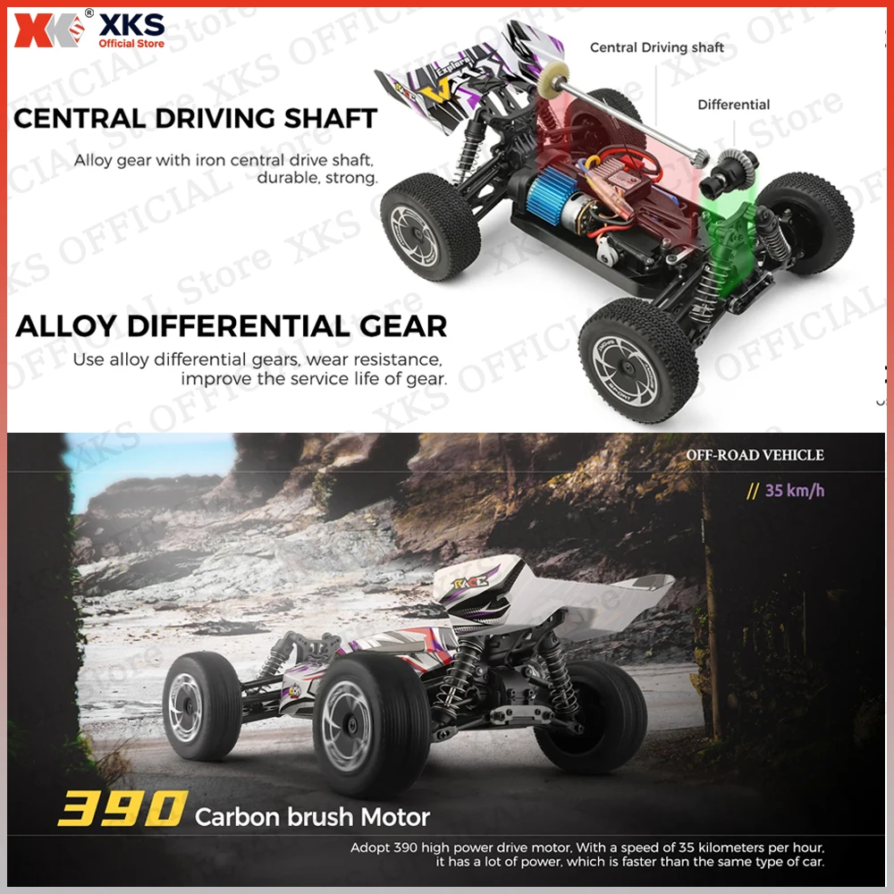 XKS WLtoys 144016 1/14 Scale RC Car 4WD 390 Motor 35KM/H High Speed 2.4G Remote Control Off-Road Drift Racing Toy for Kids