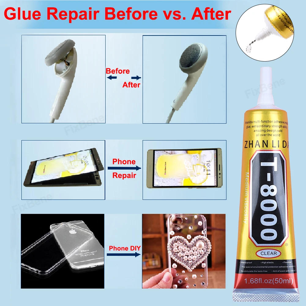 Universal Glue T8000 Transparent Phone Display Repair Kit Strong Adhesive Back Cover Zhanlida Leather Craft Fabric Textile Cloth