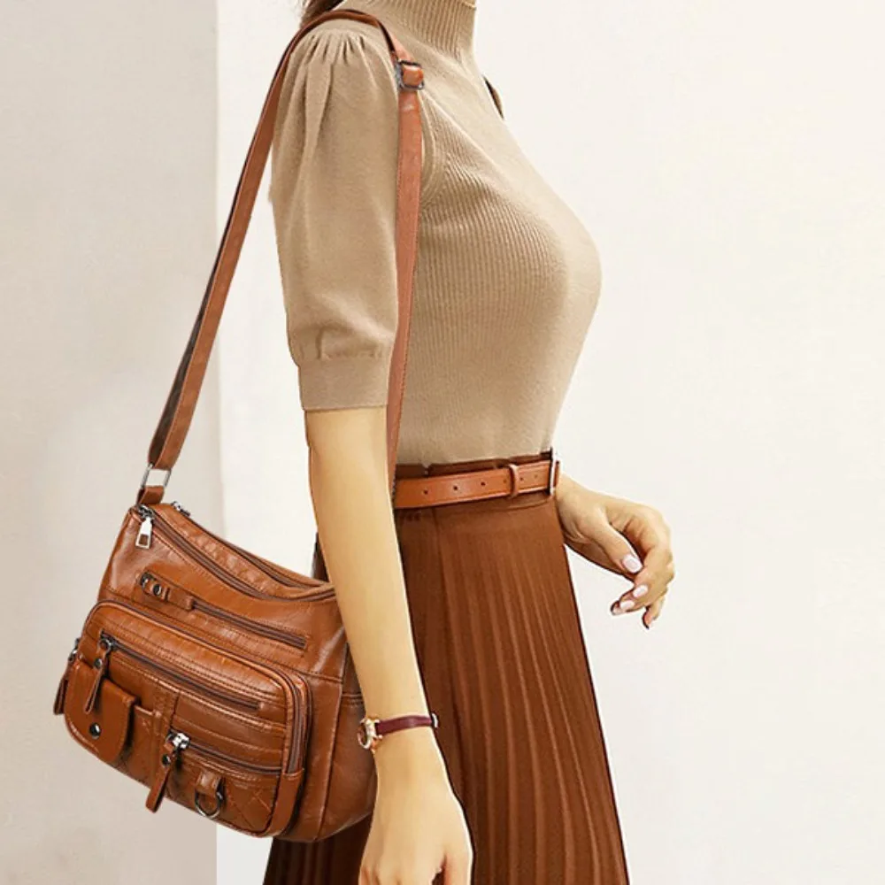 

Soft Multiple Zip Pockets Shoulder Bag Retro Large Capacity Crossbody Mommy Bag Adjustable Strap Solid Color
