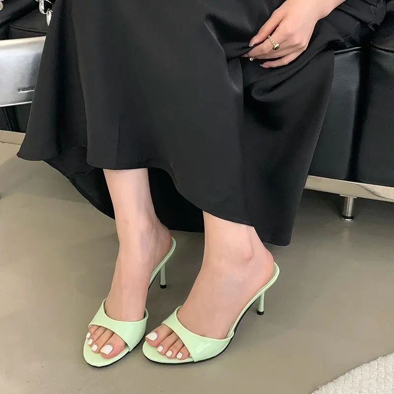 

8cm Stiletto Heels Sandals Woman Burgundy Patent Leather High Heels Slippers Leisure Ladies Summer Shoes Burgundy Sandale Femme