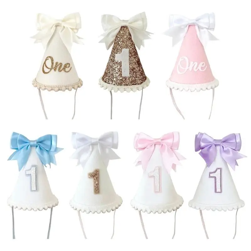 

U13F Handmade Fabric Birthday Hat with Bowknot Accent for Age 1 Year Baby