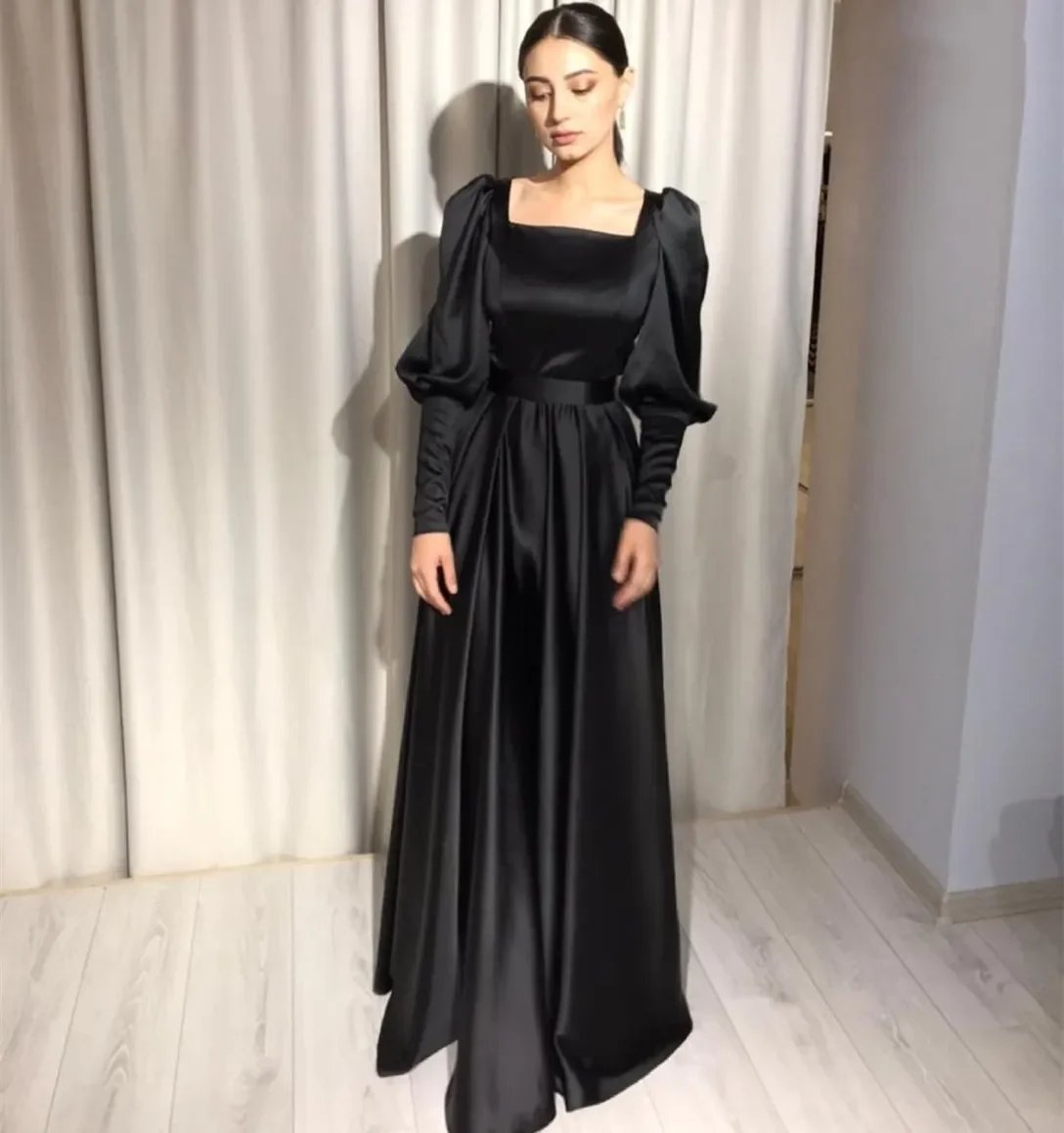 

Customized Vintage Long Sleeve Black Arabic Evening Dresses With Pockets A-Line Square Neck Floor Length Pleated Prom Dresses F