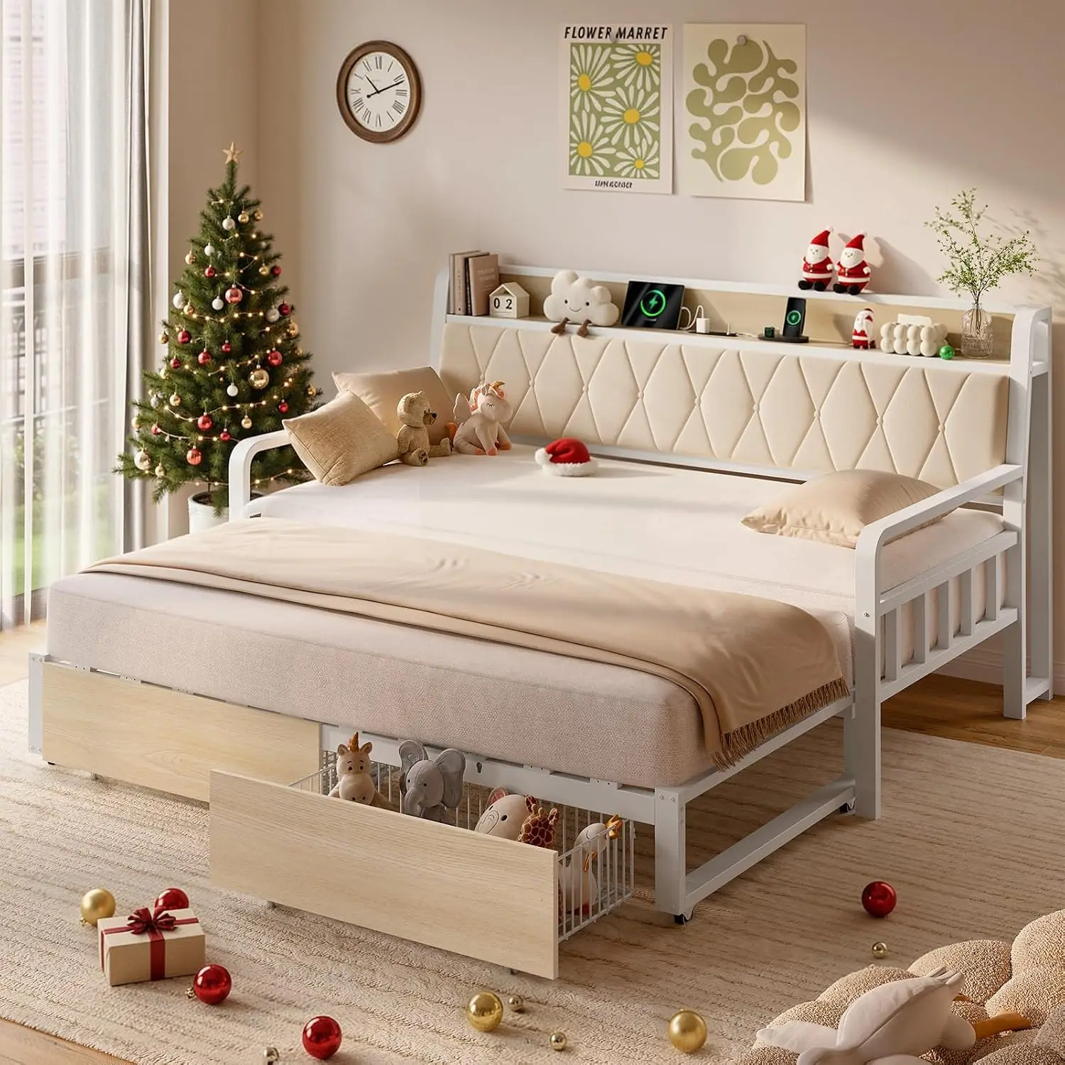 ONBRILL Twin Daybed with Pop up Trundle, Twin to King Daybed, White