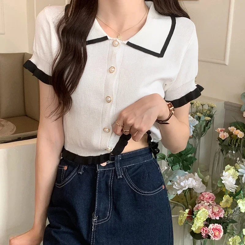 Shirts Woman Patchwork Elegant Retro Office Lady All-match Button Fashion Korean Butterfly-sleeve Simple Daily Ins Casual Summer