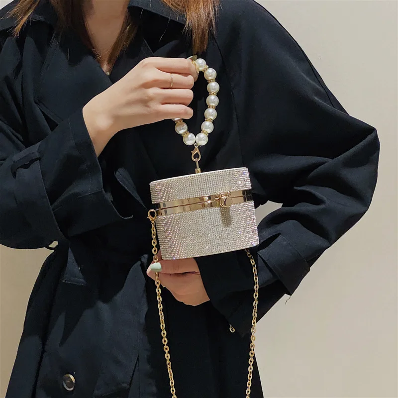 Luxury Style Cylinder Rhinestone Box Handbag Women Big Pearl Handle Metal Chain Shoulder Crossbody Party Dress Mini Bag