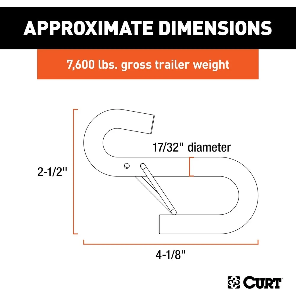 Corrente de segurança para reboque resistente com gancho em S com trava, 17/32 polegadas, certificada para capacidade de carga de 7,600 libras