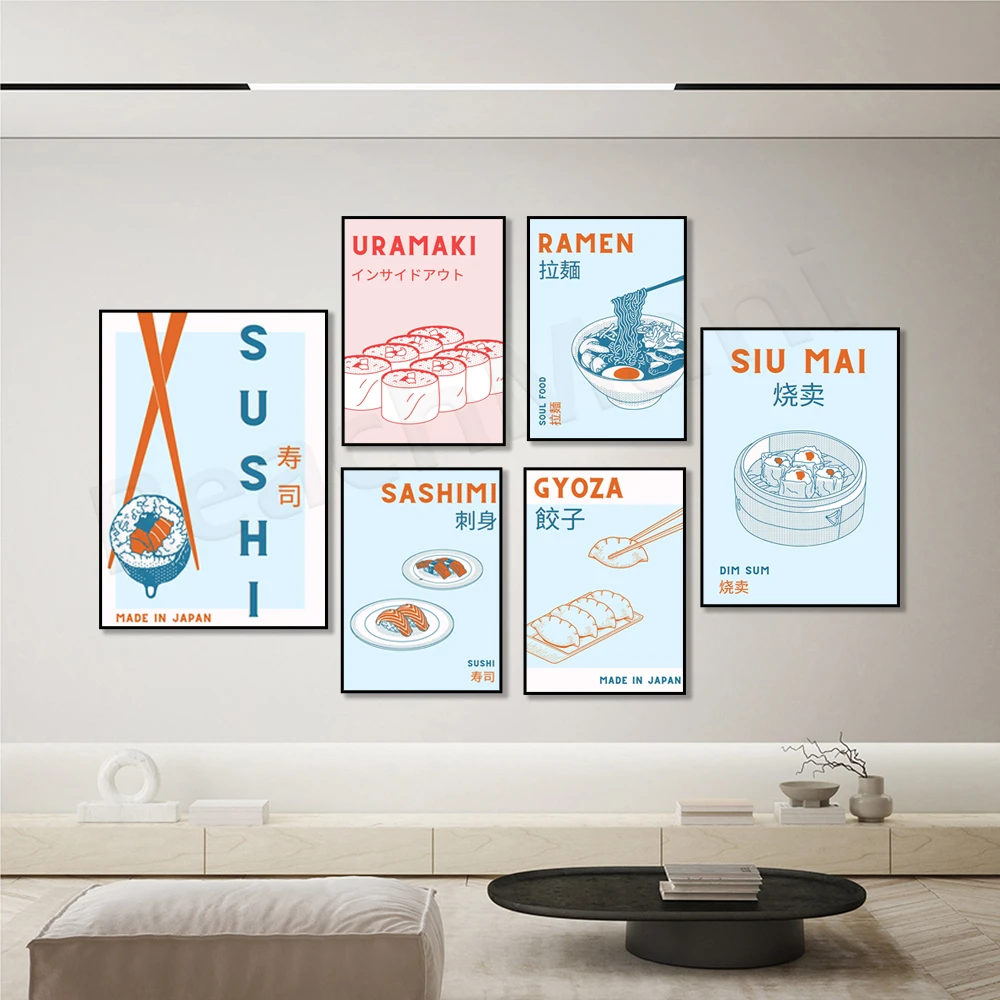 

Japanese food poster, sushi rolls, uramaki rolls, sashimi, ramen, dumplings, sushi wheat posters, dim sum, kitchen decoration