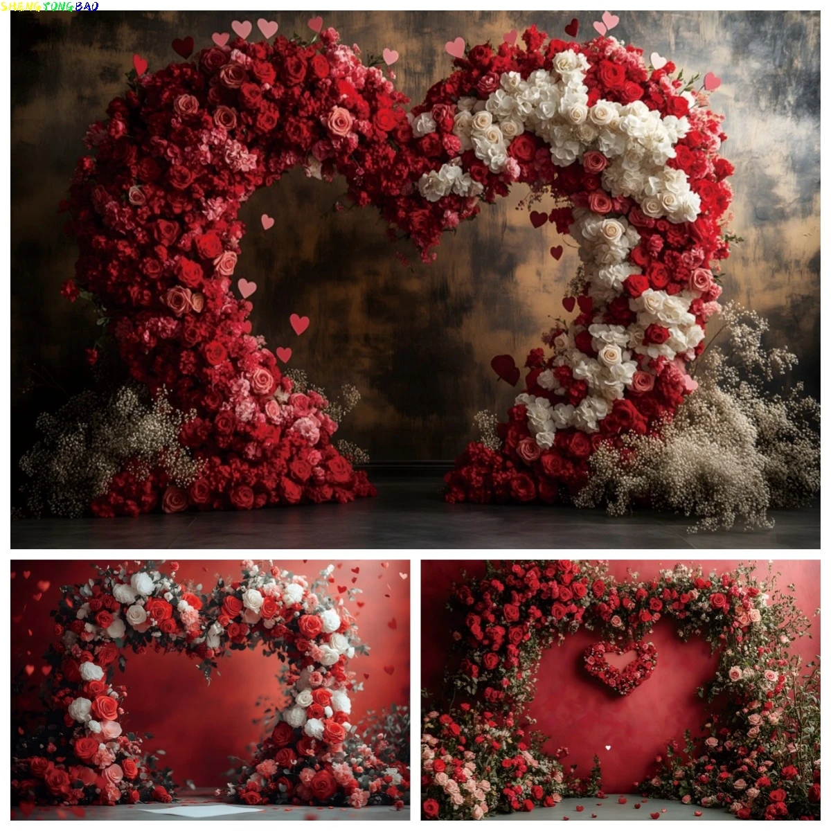 

Red Rose Flowers Wedding Photography Backdrop Love Heart Floral Arch Valentine's Valentine's Day Background Photobooth Props