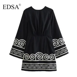 EDSA Women Black Embroidery Dress Long Sleeves High Waist A-Line Mini Dresses for Female Chic Streetwear