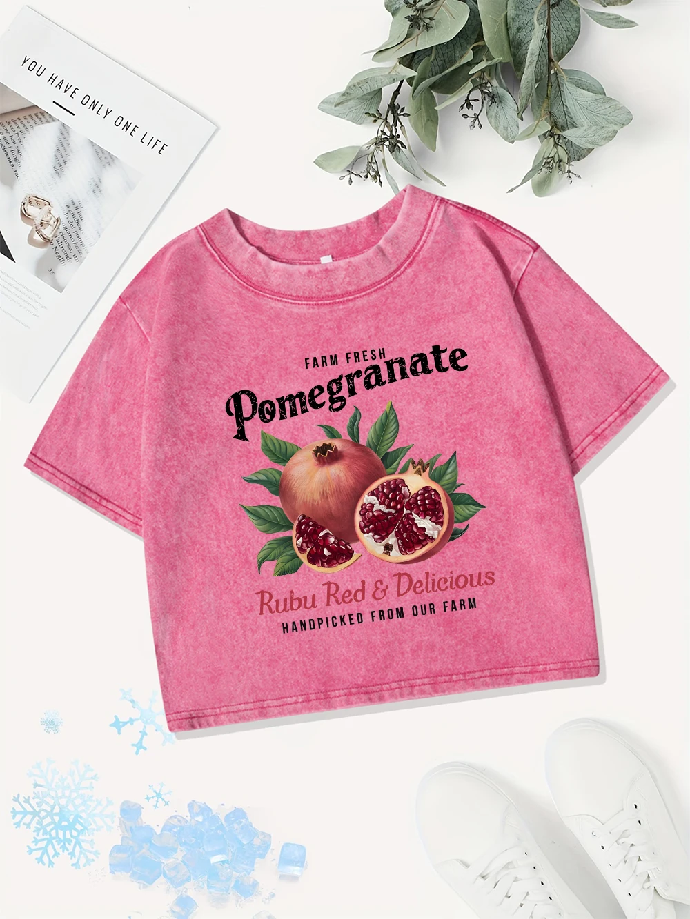 Casual Cotton Crop Tops Women Bright Pomegranate Printing Washed T-Shirts Summer Regular Fit O-Neck Tees Street Womans Clothes