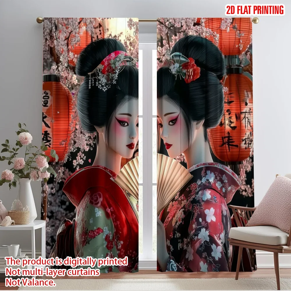 2pcs,2D plane printing Popular Curtains Geisha Blossom Encounter Durable 100% Polyester Fabric (without rod) Decorations Inside