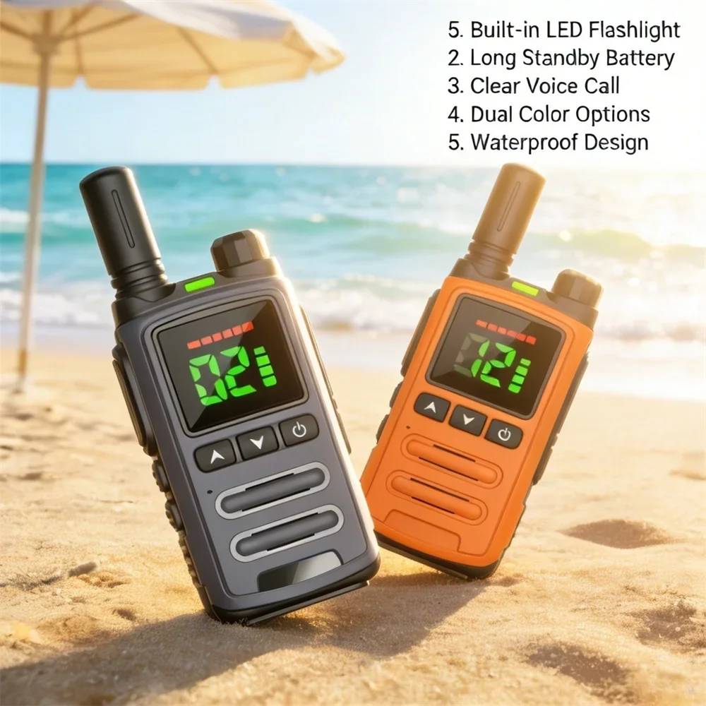 2 Pack Mini Walkie Talkie LED Flashlight 16 Channels Long Range Two Way Radio Type-C Rechargeable for Adults Camping Outdoor