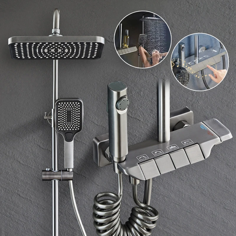 

All Copper Piano Key Shower System Gun Grey Finish High Pressure Rainfall Thermostatic Mixing Valve Bathroom Faucet Set