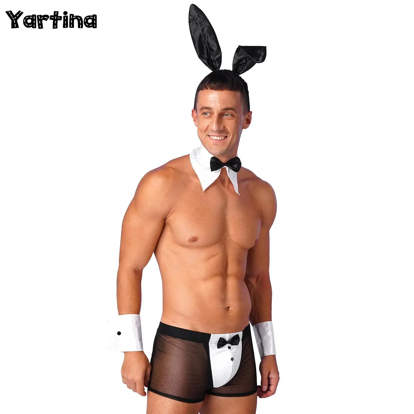 

Mens Lingerie See Through Back Tuxedo Rabbit Ears Boxer Briefs Underwear with Bunny Ears Headband Bowtie Collar And Cuffs Set