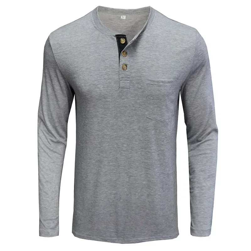 Men's 2025 Collar Long Sleeved T-shirts Solid Casual Top Single Breasted Pocket TShirt Soft Comfy Bottoming Shirt for Autumn