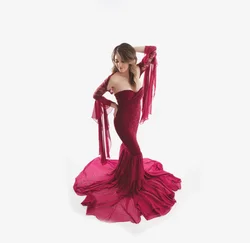 Vestido de gasa de manga larga para fotografía de maternidad, ropa de embarazo con costura de encaje, 2024