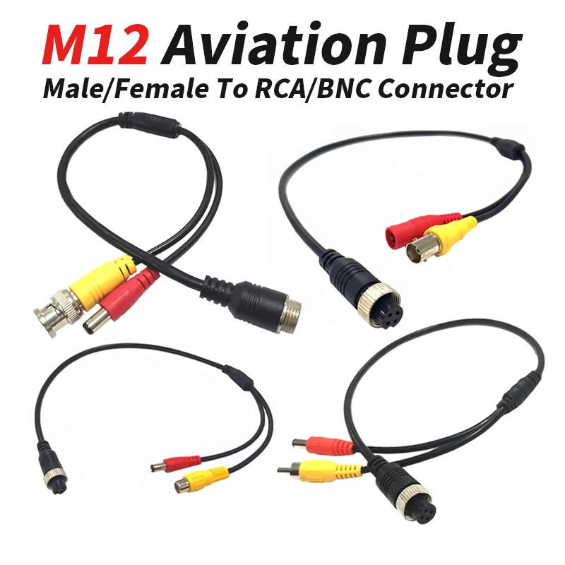 M12 Aviation Plug 4Pin Male/Female To RCA/BNC Connector 12/24V 1-2A Aviation Adapter Extension Transfer Cable For Monitor Car