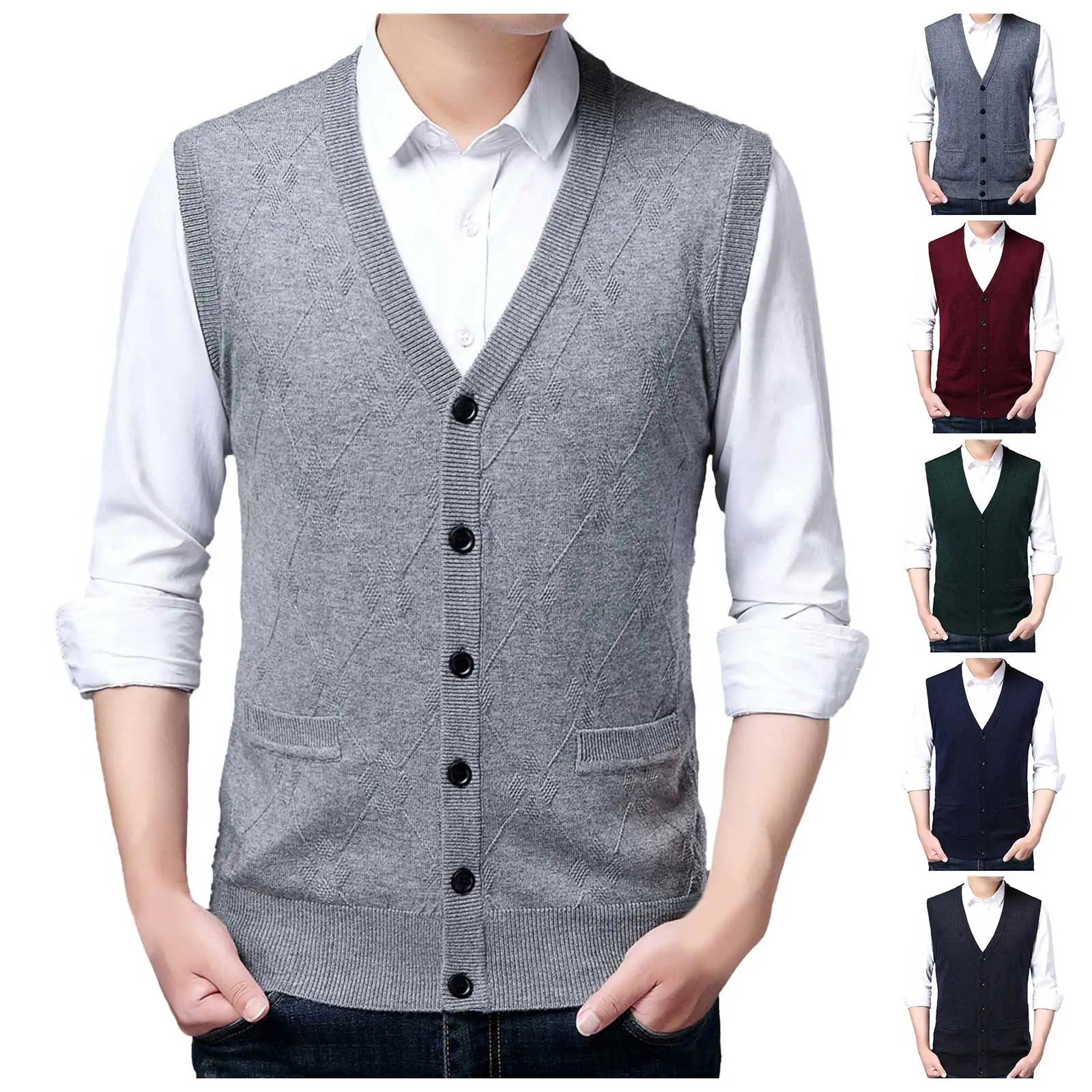 

Male Autumn And Winter Single Buckle Sweater Vest Vest V Neck Pure Color Wool Collarless Shirt double pocket vest Warm Soft tops