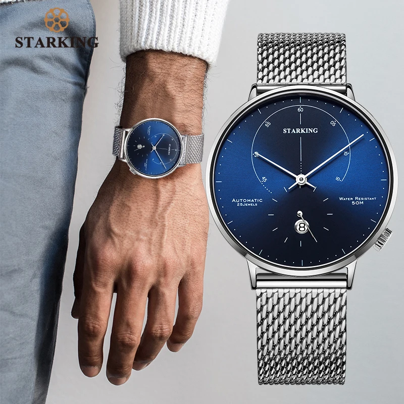 STARKING Automatic Watch Relogio Masculino Self-wind 28800 Beats Mechanical Movement Wristwatch Men Steel Male Clock