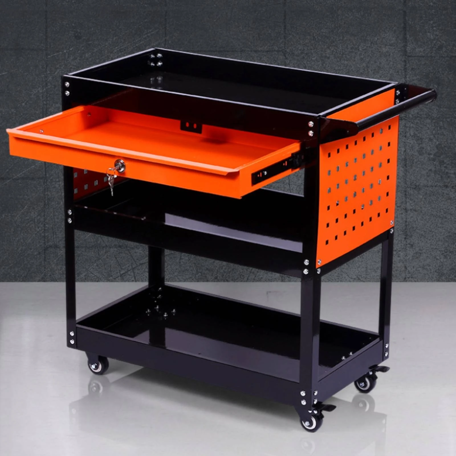 Tool Trolley with Drawer Perforated Panels 3 Tiers Mobile Service Cart Utility Trolley for Garage Auto Repair Workshop Storage