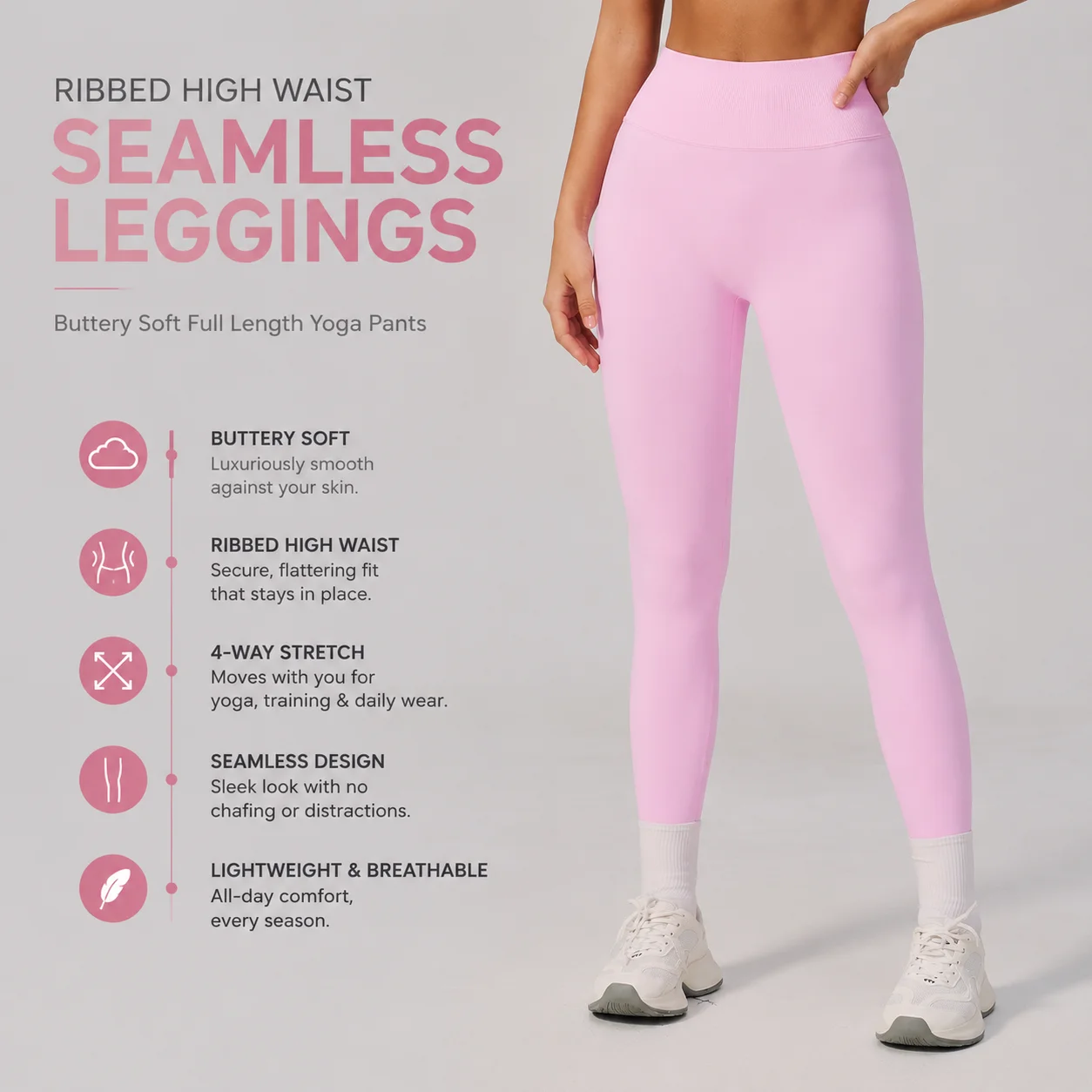 Women's High-Waist Seamless Ribbed Waistband Yoga Leggings Tummy Control Compression Pants Squat-Proof Workout Tights for Gym Ru