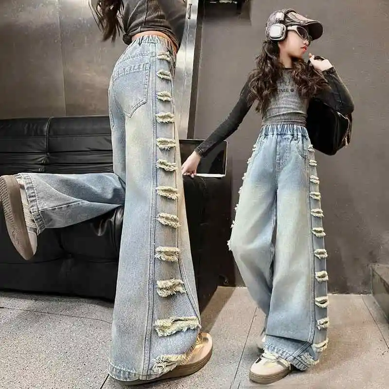 Jeans para meninas, jovens jovens com costura lateral azul rasgada moda calças largas para primavera e outono