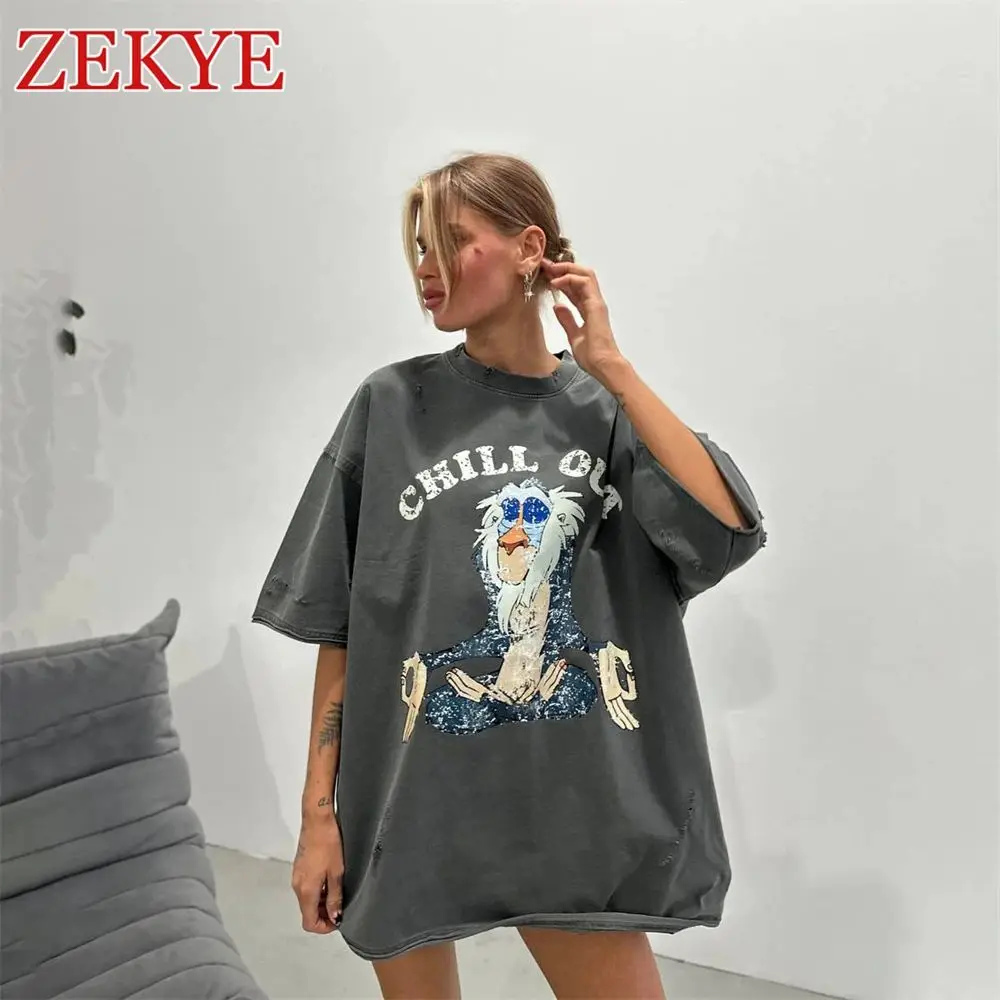 Zekye Vintage Distressed Oversized T Shirt Woman Cotton Monkey Grey Loose Streetwear Basic Short Tee Shirts Retro Fashion Hippie