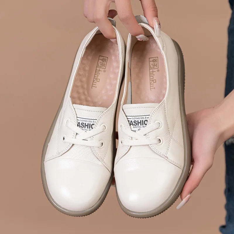 GKTINOO Women Sneakers 2024 Spring New Genuine Leather Loafers Women Casual Lace-up Women\'s Flats White Shoes