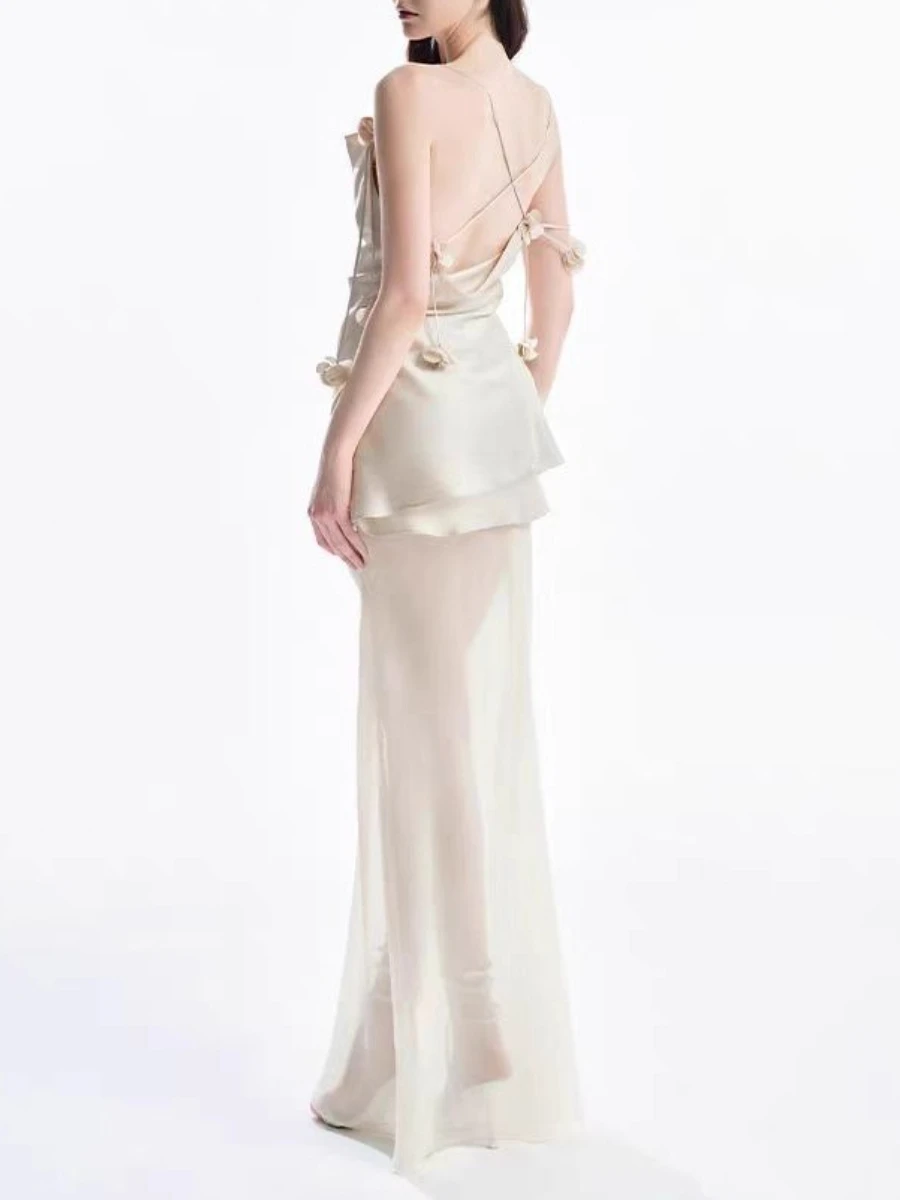 TWOTWINSTYLE Slimming Sheer Spliced 3D Flower Sexy Dresses for Women Square Neck Sleeveless Backless Vintage Dress Female New